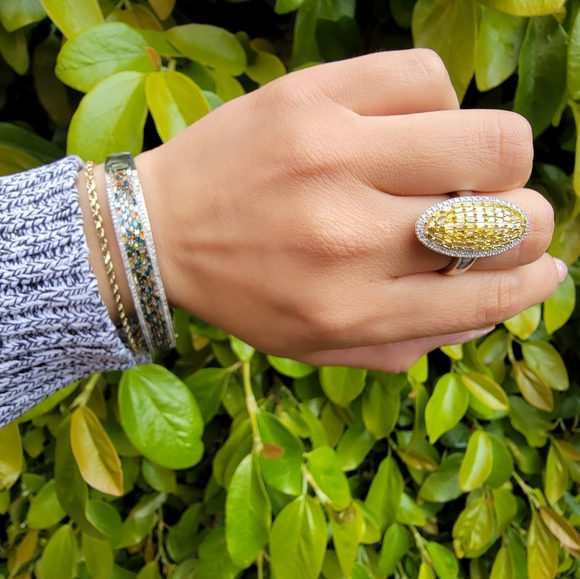 Yellow Baguette Diamond Cocktail Ring 925 - Picture 5 of 6